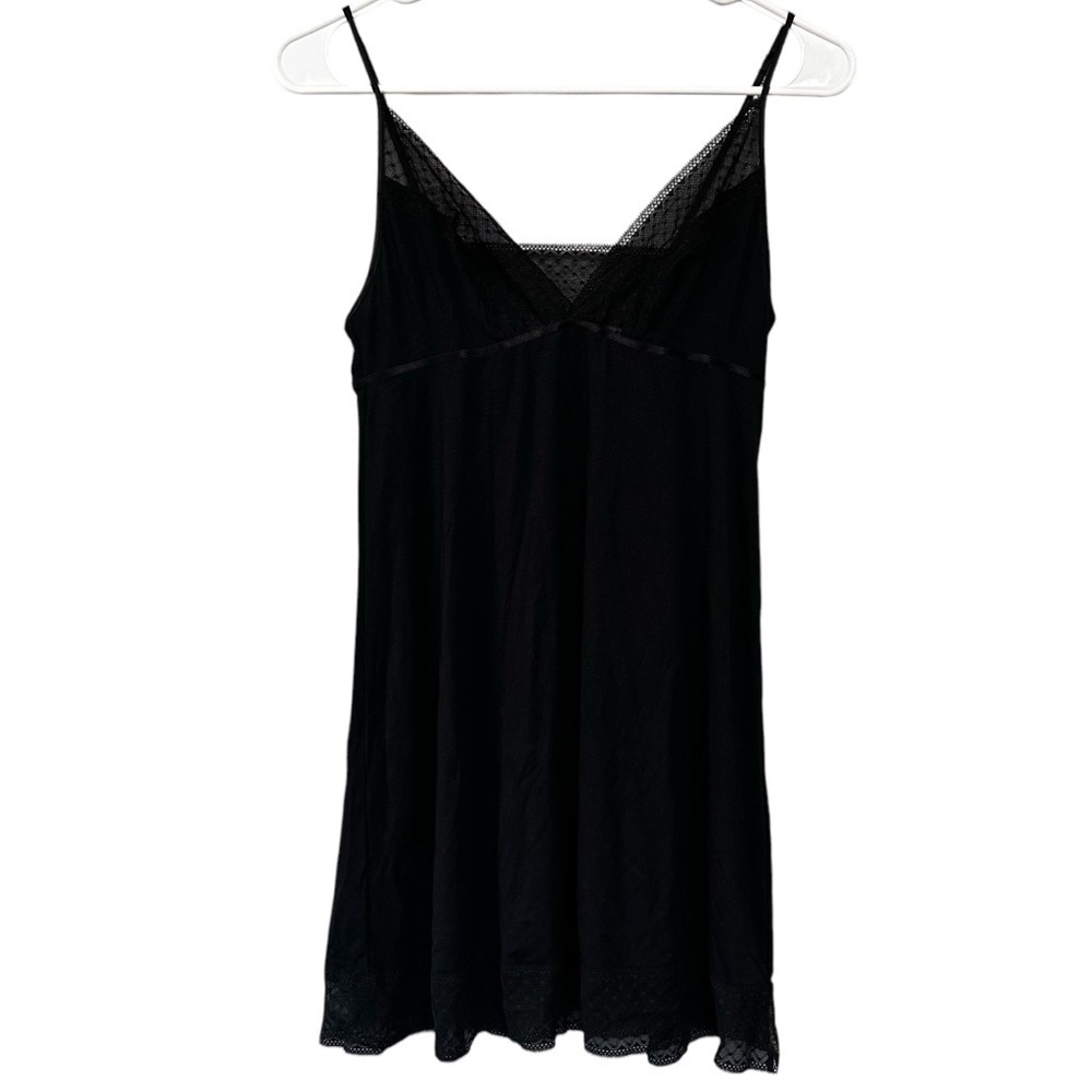 Victoria's Secret Black Stretch Knit Lace Trim Mini Slip Chemise Dress Sz Small